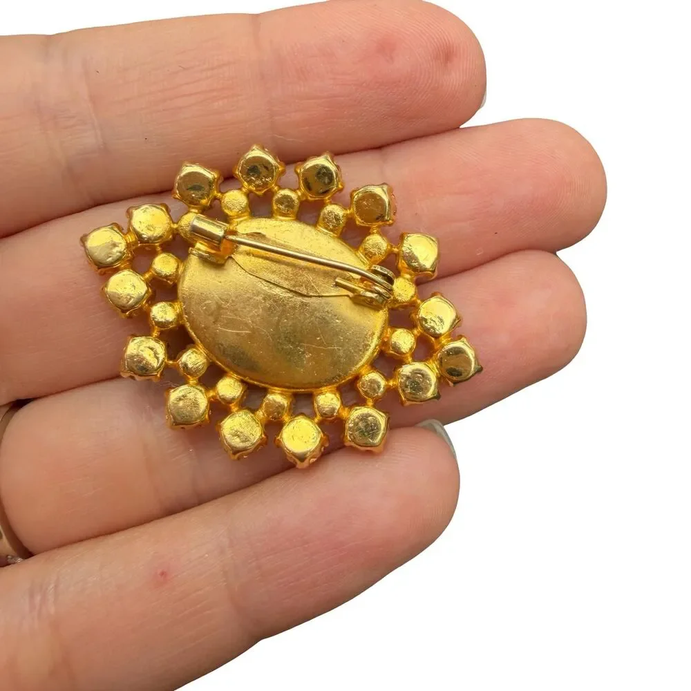 Vintage Jewelry Black Cabochon Brooch with gold tone and rhinestones
